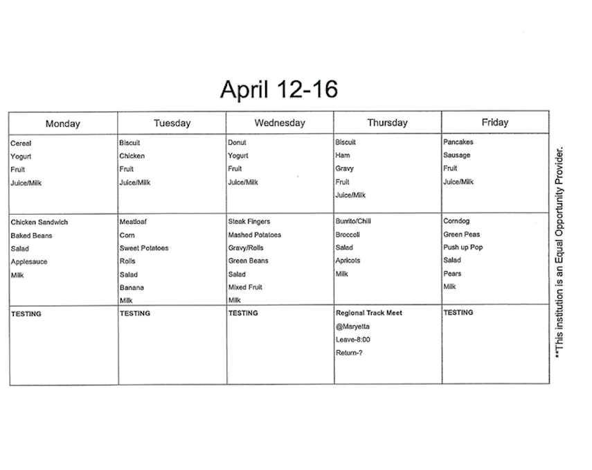 weekly menu/calendar