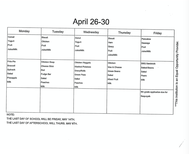Weekly menu/calendar