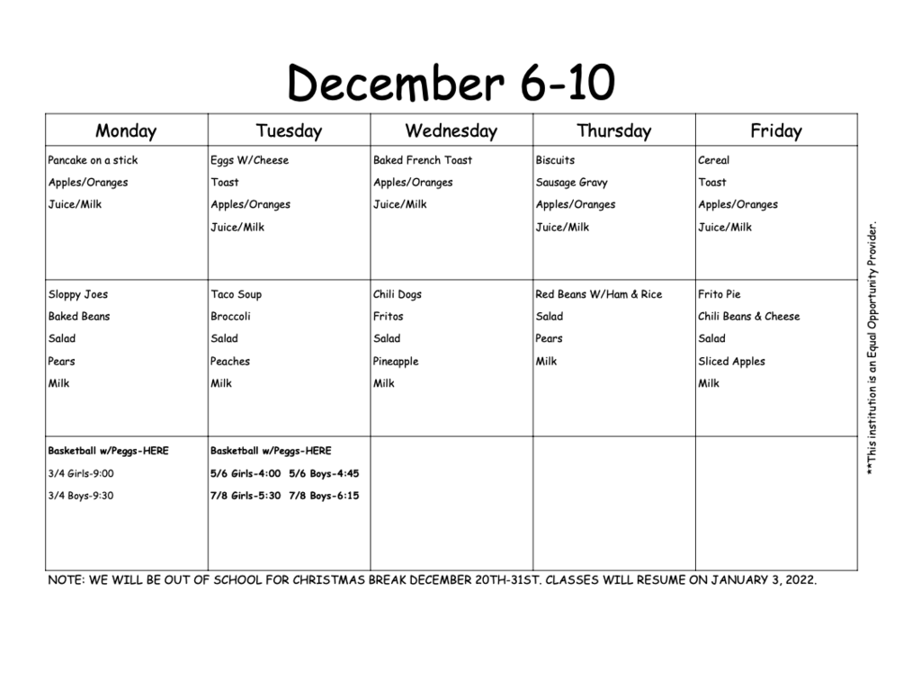 Weekly Calendar/Menu
