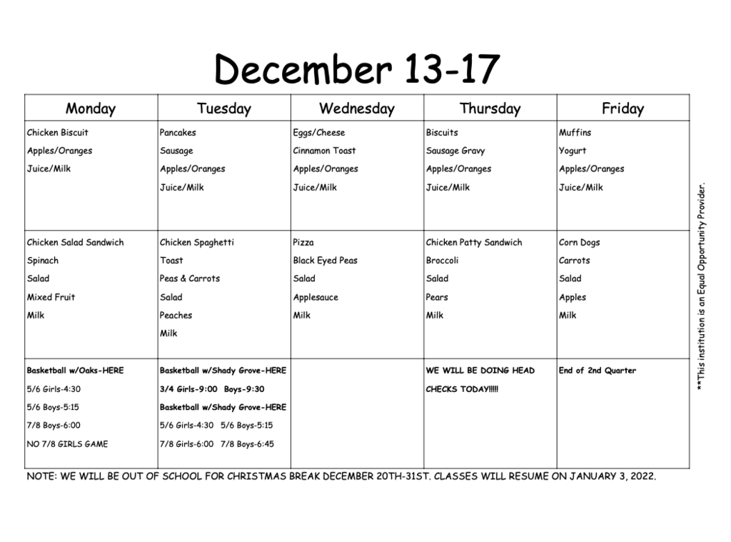 Weekly calendar/menu