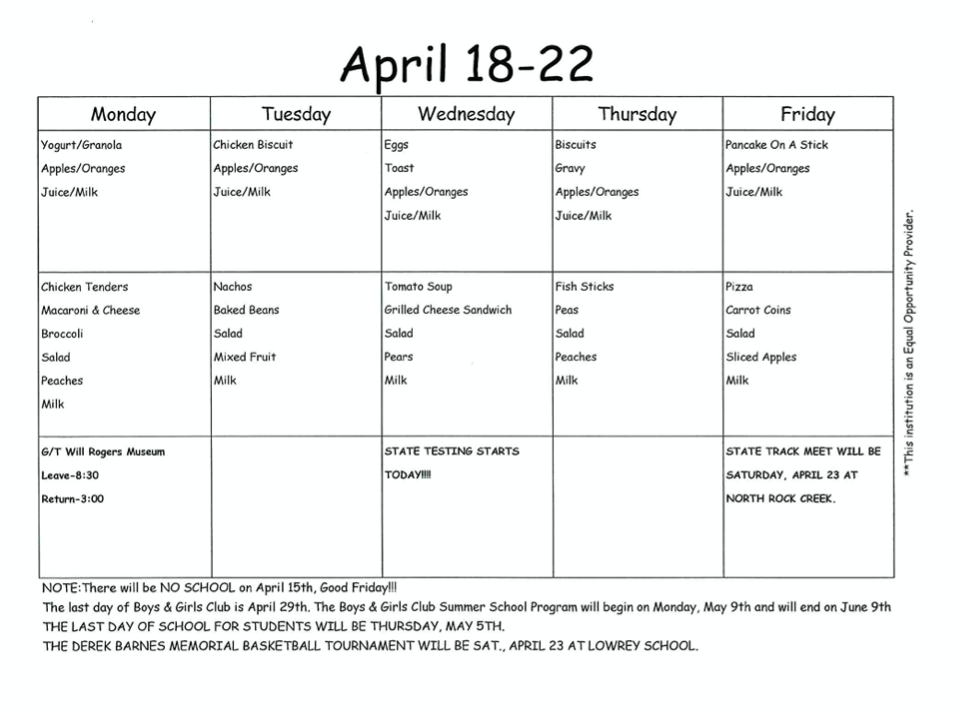 Weekly Calendar/Menu