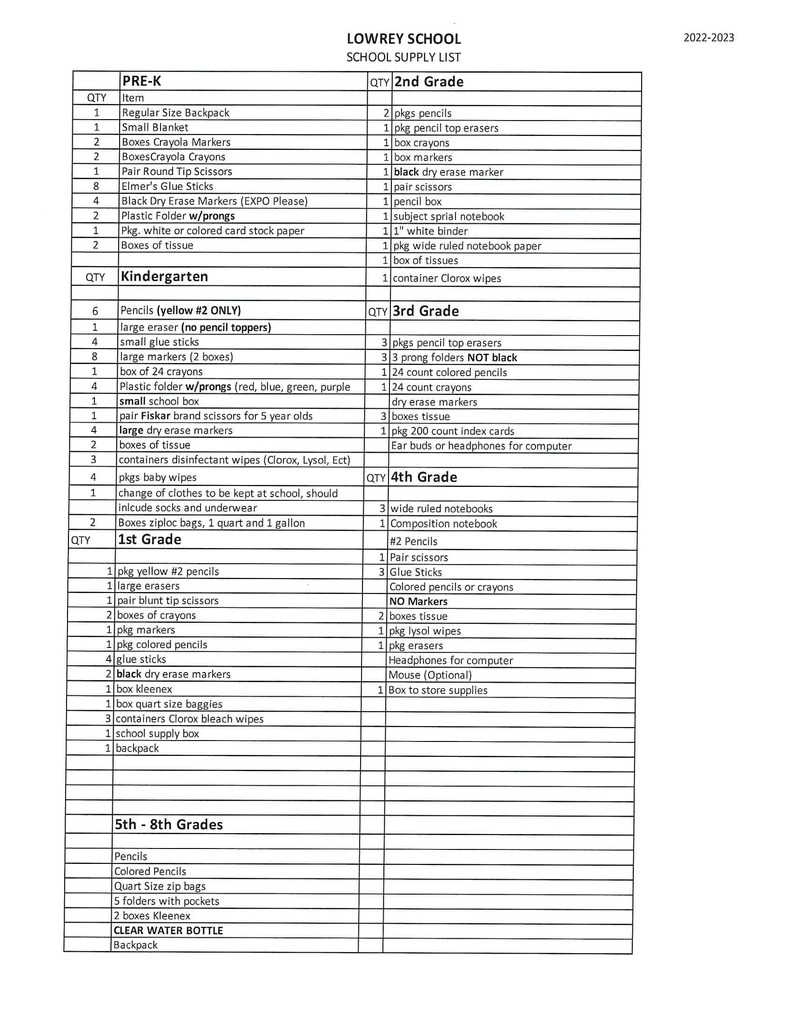 2022-23 School Supply List