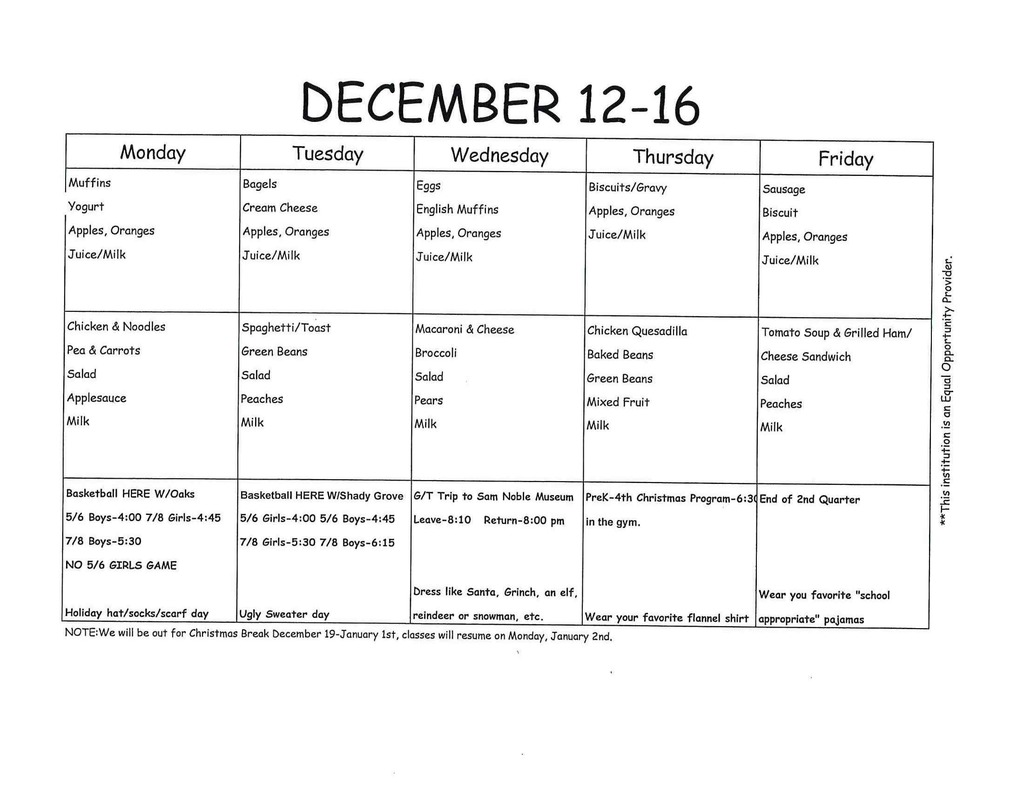 Menu Dec 12 - 16