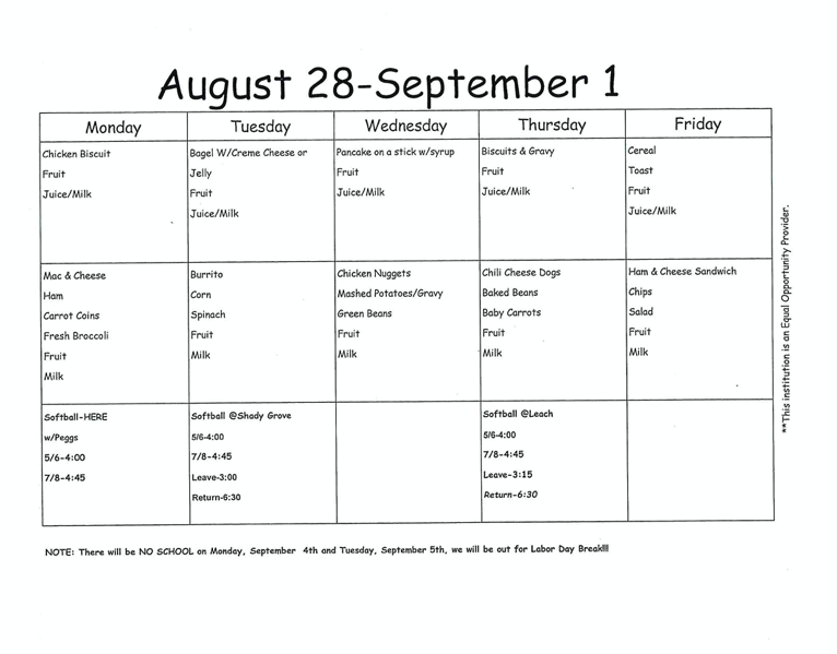 Weekly calendar/menu
